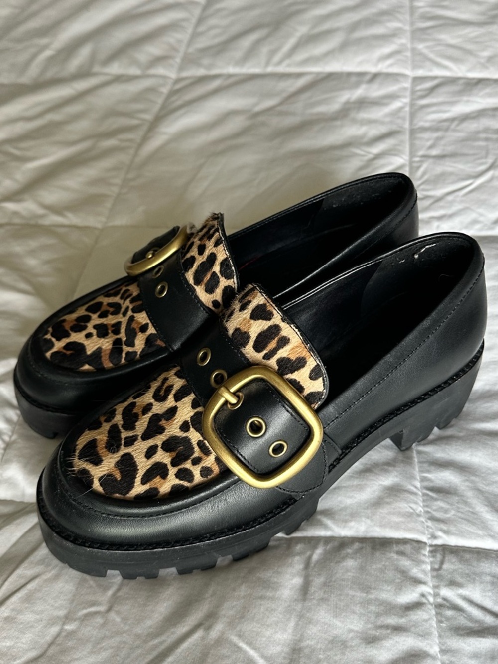 Coach Black Grand Leather Lug Sole Loafer with Leopard Print and Brass Buckle - Picture 4 of 8